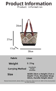 Ethnic canvas tote bag specification view showing linen fabric and detailed dimensions
