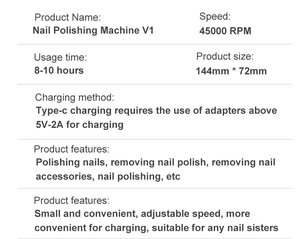 Detailed specification sheet for Nail Polishing Machine V1 showing 45000 RPM speed and size