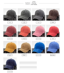 Collage of 13 colorful washed cotton baseball caps with vintage distressed texture on display