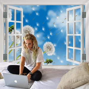 Detail of 3D window view wall tapestry with dandelion pattern and blue sky scenery