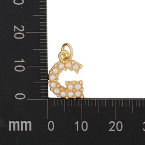 Detail of 12mm golden letter C pendant with pearl inlays next to measuring scale