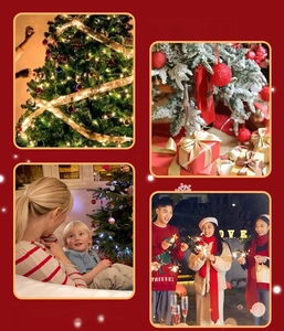 Close-up of festive Christmas gift boxes with red ornaments and warm LED lighting