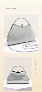 Silver pleated evening clutch with diamond-encrusted clasp and metal handle detail
