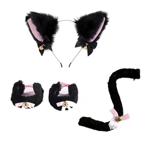 Detailed plush cat ear headband set with pink ribbons, golden bells and matching tail