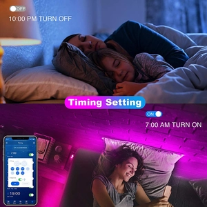 App control interface showing smart timing settings for RGB LED strip lights