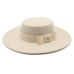 Flat top wide brim wool felt hat in beige with silk ribbon and gold bee brooch