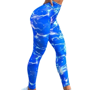 Legging de yoga taille haute bleu avec motif marbré et tissu évacuant l'humidité