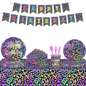 Regenbogen-Leoparden-Geburtstagsparty-Set mit Banner, Tellern, Bechern und Tischdecke