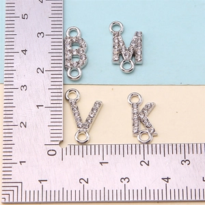 Detailed size measurement of silver rhinestone alphabet charms B, M, V, K for jewelry