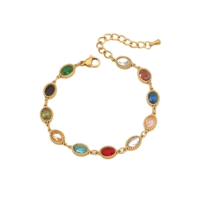 Luxury gold stainless steel bracelet with colorful oval gemstones and adjustable chain