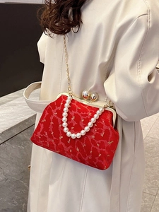 Vintage red velvet shell bag with pearl handle and gold chain strap for women