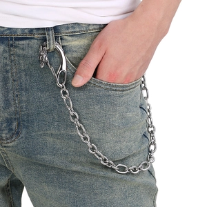 Silver skull heavy metal pants chain with oval links and lobster clasp on denim jeans