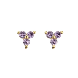 Gold stud earrings featuring sparkling purple round-cut zircons in a triangle layout
