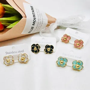 Camellia Flower Stud Earrings Stainless Steel Enamel Oil Drip French Vintage Light Luxury Floral Jewelry For Women Girls
