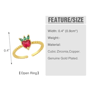 Detail showing 0.4 inch size dimensions and genuine gold plated strawberry ring specs