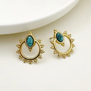 Detailed close-up of retro gold-plated turquoise earrings with vintage boho metal texture