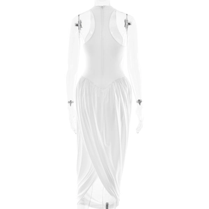 Detail view of white halter neck maxi dress with elegant cross-pleat back design