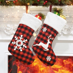 Christmas stockings set with red black plaid pattern, plush cuff and reindeer snowflake