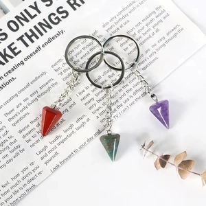 Natural Stone Keychain Hexagonal Prism Crystal Pointed Pendant Bag Charm Healing Quartz Amethyst Tiger Eye Accessory