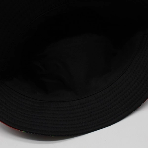 Detail shot of black bucket hat brim showing precise multi-row stitching and fabric texture