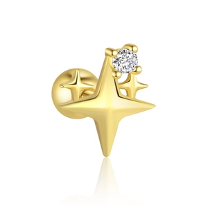 Close-up of gold S925 silver star earring featuring zircon inlay and a screw ball back