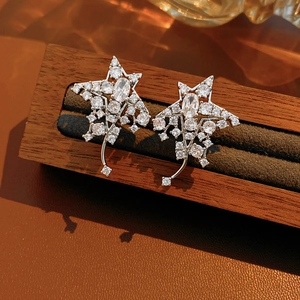 Macro shot of silver star earrings with zircons on dark wood jewelry stand