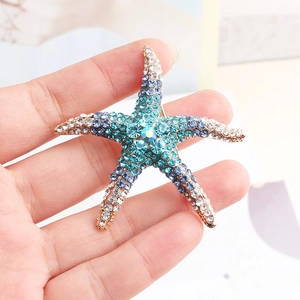 Detailed close-up of a starfish brooch featuring vibrant blue rhinestones on gold metal