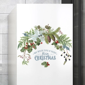 Christmas pine branch wreath wall sticker with Merry Christmas text on white background