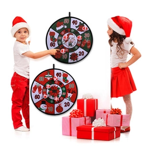 Children playing with Christmas dart board sets featuring Santa and snowman patterns