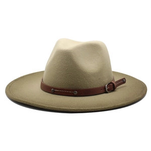 Classic khaki fedora hat with wide brim and brown leather strap with metal buckle