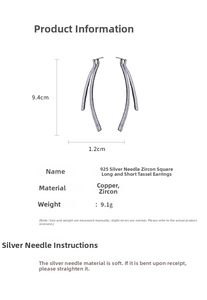 Detail view of zircon tassel earrings with dimensions 9.4cm by 1.2cm and 925 silver pins