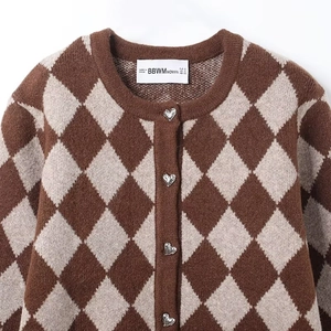 Vintage argyle knit cardigan with heart-shaped silver buttons in brown and beige