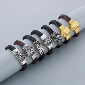 Men Braided Leather Bracelet With 316L Stainless Steel Lion Head Skull Punk Retro Wristband Cool Jewelry Gift