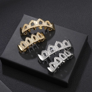 Hip Hop Teeth Grillz Brass Iced Out Cubic Zirconia Top And Bottom Bling Dental Grill Jewelry For Men Women