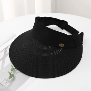 Women's black straw open top sun hat with wide brim and elegant metallic detail