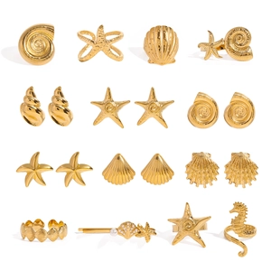 Golden stainless steel ocean jewelry set with starfish rings and seashell stud earrings
