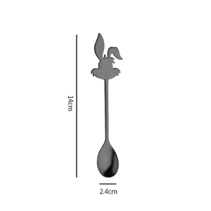 Detailed view of black stainless steel coffee spoon with rabbit handle showing 14cm length