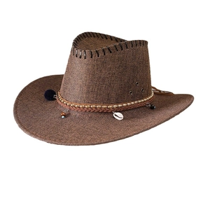 Brown woven western cowboy straw hat with bohemian bead and shell decorative band