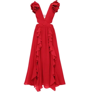 Red deep V-neck swimsuit and skirt set with 3D floral ruffles and waist cut-outs