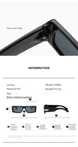 Detailed size specifications for rectangular sunglasses with solid metal hinge design