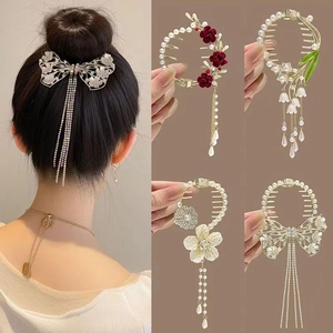 Pince À Queue De Cheval Style Hanfu Fleur De Muguet Künstliche Perle Artificielle Long Gland Alliage Strass Élégant Pour Femmes