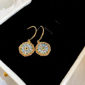 French vintage floral enamel drop earrings with gold plating and green zircon accents