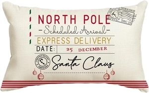 Linen Christmas pillowcase featuring vintage North Pole postmark design and red accents