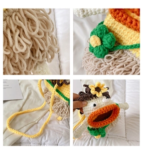Detail shots of a handmade crochet crossbody bag with funny sausage lips and flower decor