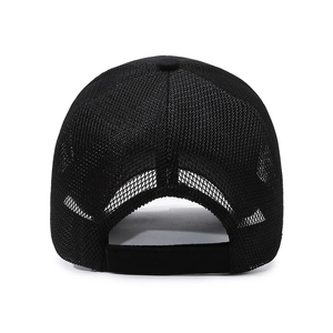 Breathable black mesh baseball cap with adjustable rear strap and quick-dry fabric