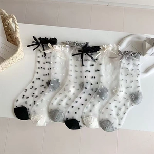 Chaussettes En Maille Transparente Pour Femmes Pois Nœud Papillon Bordure À Volants Satin De Verre Accessoire De Mode