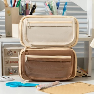 Large Capacity Pencil Case Oxford Cloth Multi-Layer Zipper With Transparent PVC Window For Students Office School