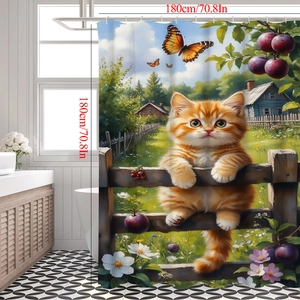 Detail showing 180x180cm shower curtain with a cute cat and garden scenery pattern