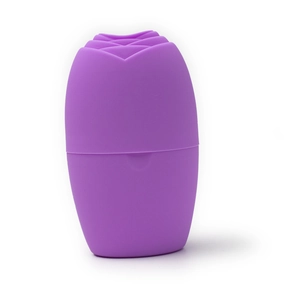 Detail view of a purple egg-shaped silicone ice roller with a rose pattern on top