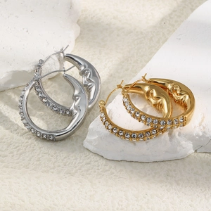 Fashionable 18K gold plated stainless steel moon face earrings with sparkling zirconia